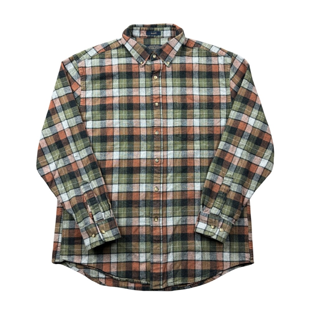 Pendleton Mason Mens Large Green Rust Plaid Flannel Button Down Shirt Heritage